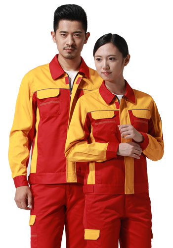 重庆涤棉厚纱卡大红黄色插色长袖反光条工作服