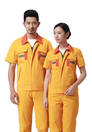 重庆涤棉细斜纹黄色短袖反光条<font color='red'>工作</font>服