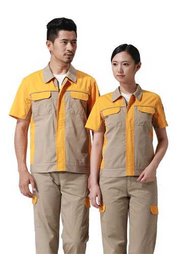 重庆涤棉细斜纹驼色黄色插色短袖反光条工作服